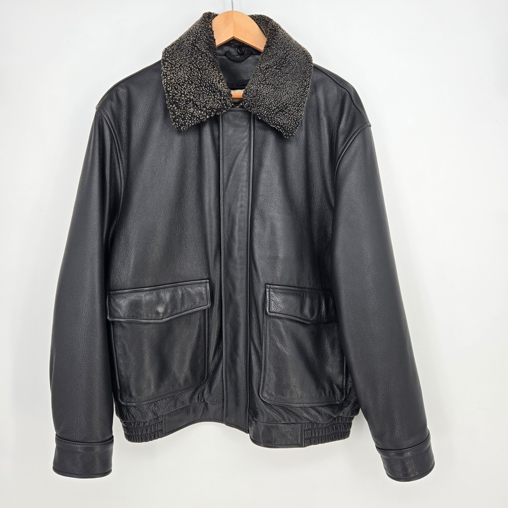 Vintage Jos A Bank Black Leather Bomber Jacket Genuine Shearling Collar Mens M
